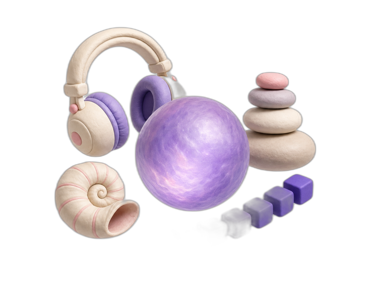 A pearl-violet orb surrounded by calmly ordered clay objects — headphones, aligned cubes, stacked pebbles